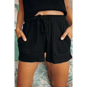Lulus Living Leisurely Black Ribbed Knit Drawstring Shorts - Size L